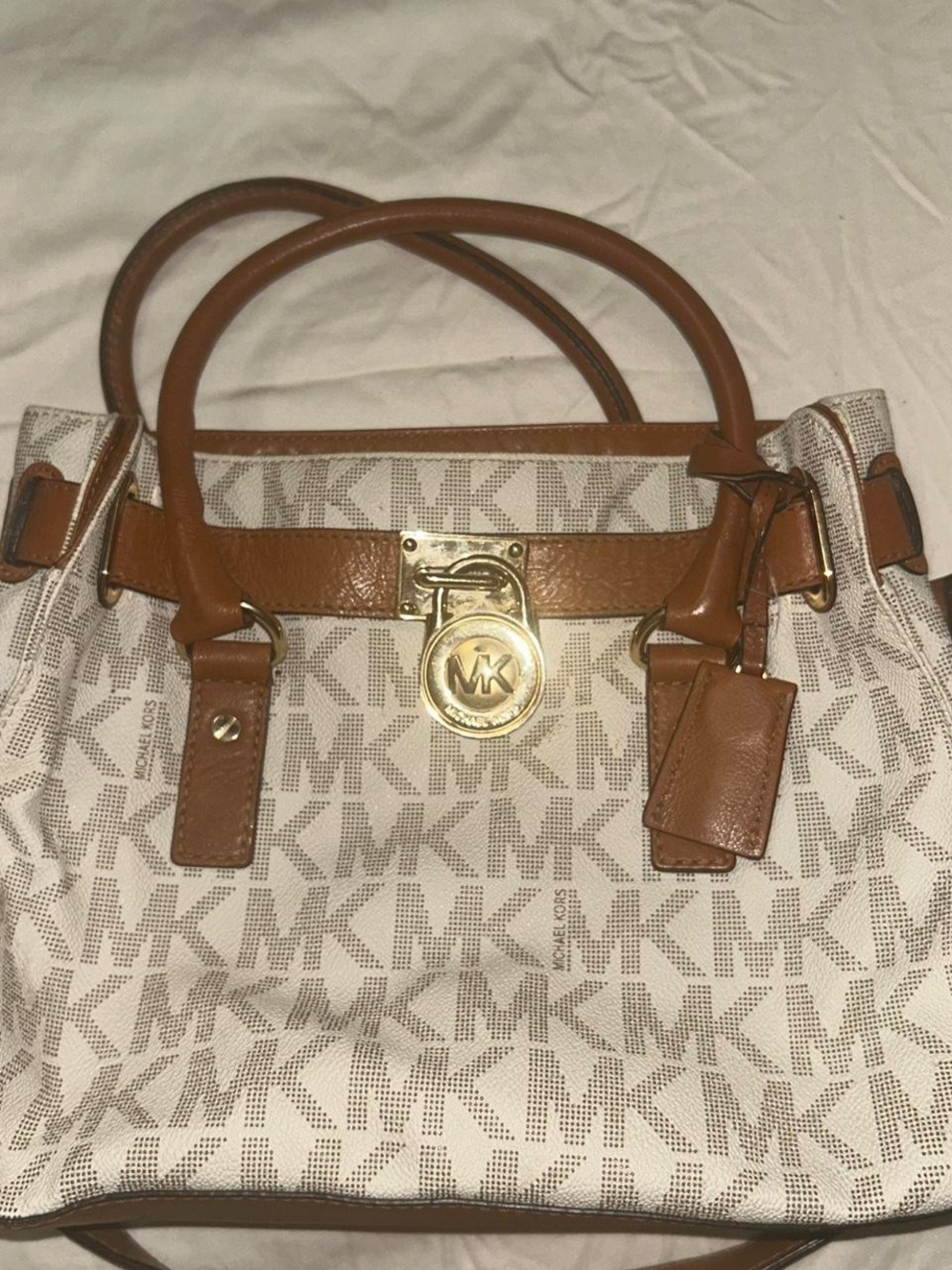 Michael Kors White Signature MK Logo Tote with Tan Leather Trim